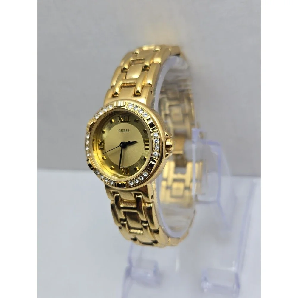 Vintage Guess Womens Gold Tone Crystal Bezel Watch New Battery Dainty Petite